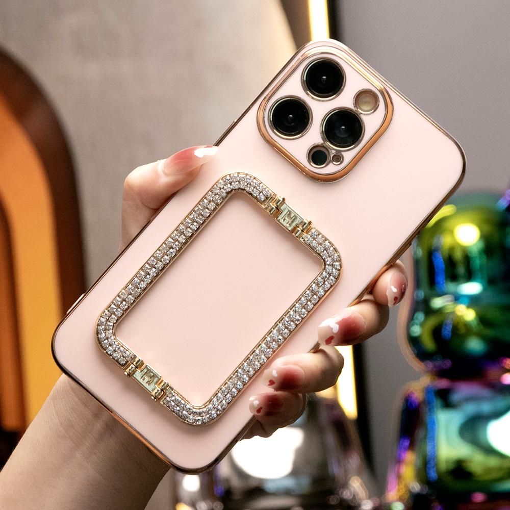 3D Crystal Square Holder Plating Phone Case for iPhone 16 15 14 13 12 Pro Max