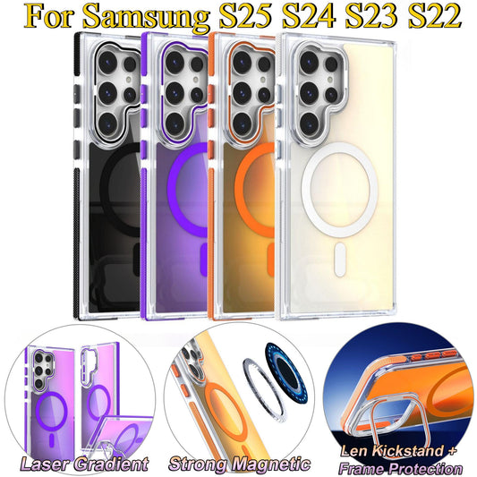 Laser Gradient Chameleon Camera Kickstand Strong Magnetic Wireless Charging Phone Case For Samsung S25Ultra S25 S24 S23 S22 Metal Frame Acrylic Shockproof Hard Cover
