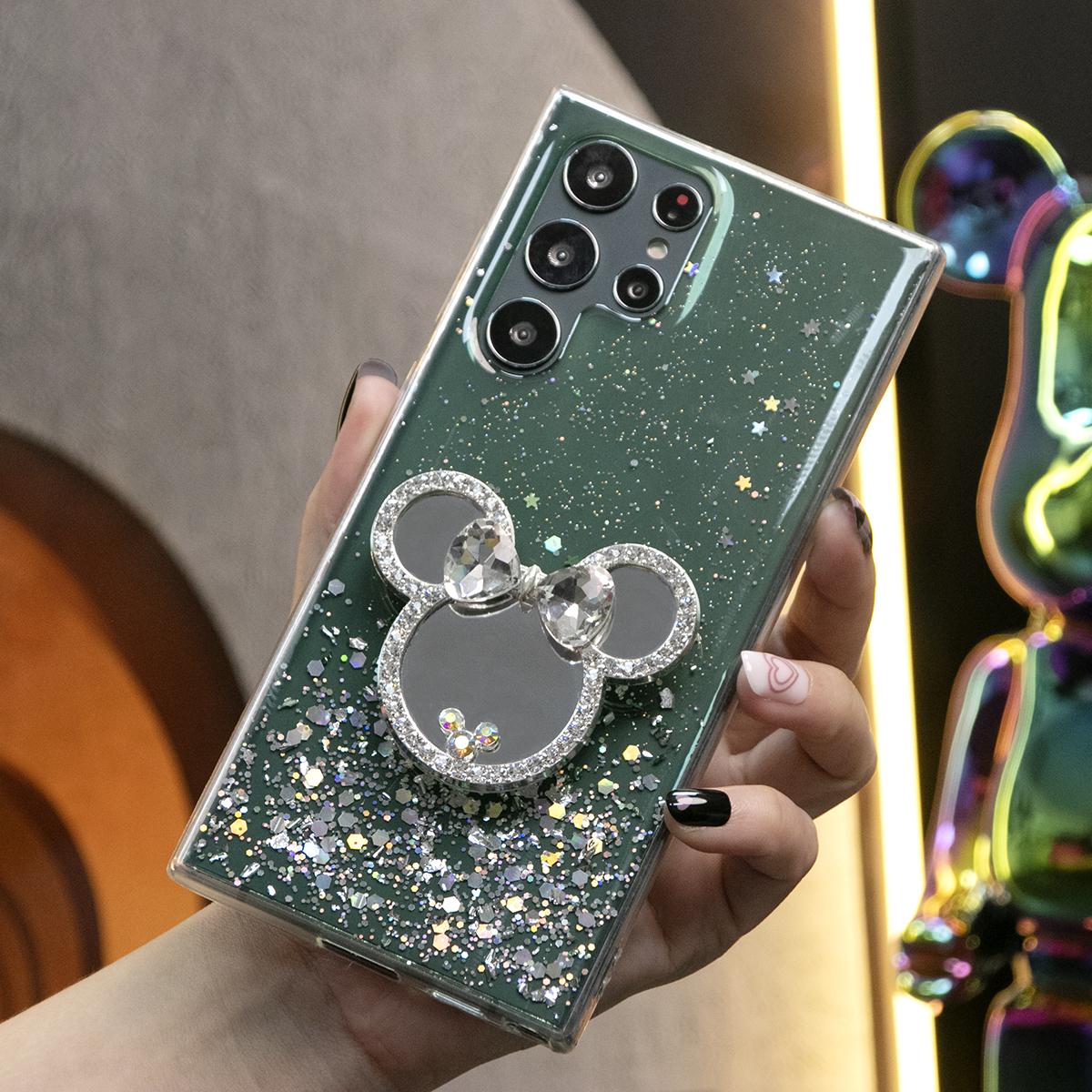 Glitter Star Sequin Mouse Head Stand Phone Case For Samsung S24 S23 S22 S21 S20 FE Note 20 Ultra Clear Soft TPU Back Cover