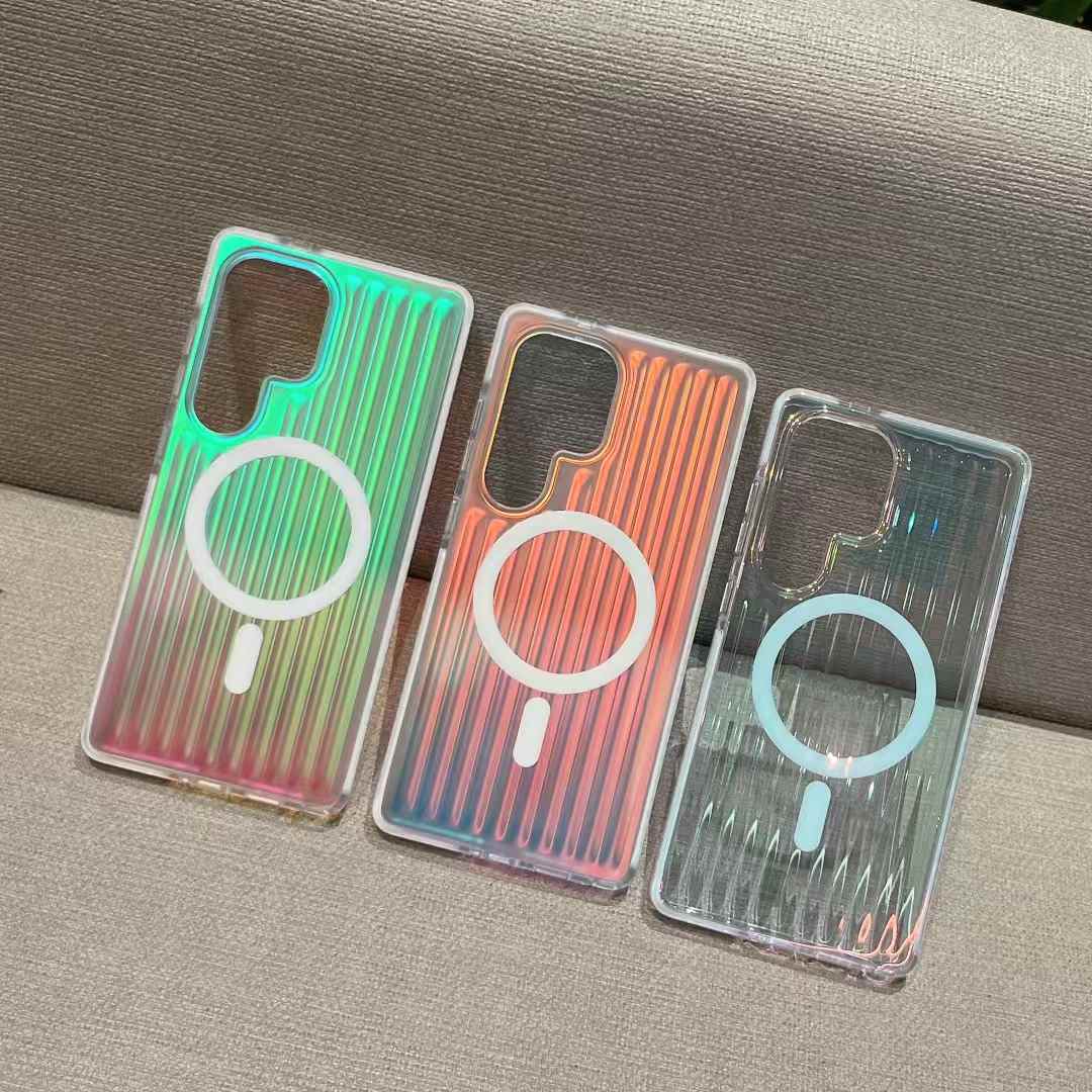 Transparent Gradient Corrugated Grille Suitcase Strong Magnetic Hard Polycarbonate Shockproof Phone Case with Bumper Strip for Samsung S25Ultra Matte Frozen Fog Full Cover