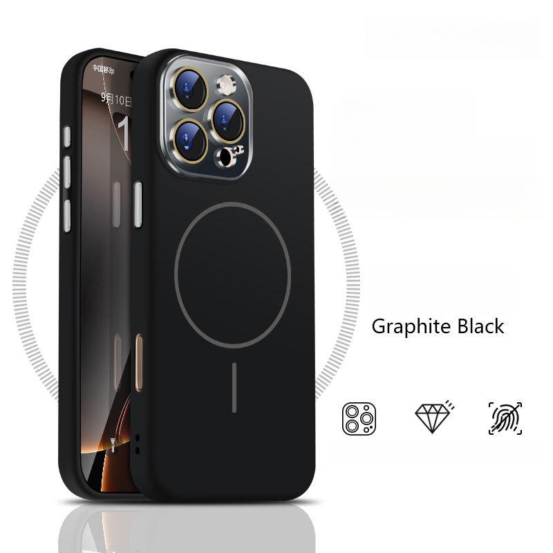 Liquid Silicone Fine Ring Strong Magnetic Precision Crystal Len Protector Fingerprint-proof Phone Case For iPhone 16ProMax 15 14, Soft Skin Feel Shockproof Soft Full Cover