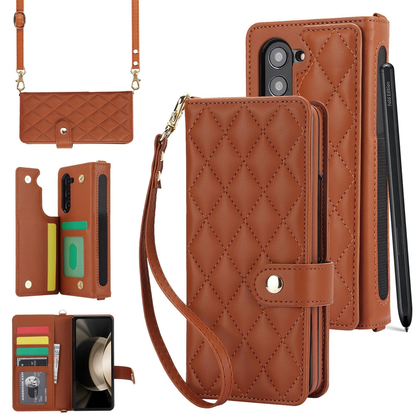 Crossbody Leather with Pen Slot Phone Case for Samsung Galaxy Z Fold 5 4 Fold5 Fold4 Fold3 Wrist Strap Wallet Card Holder Cover