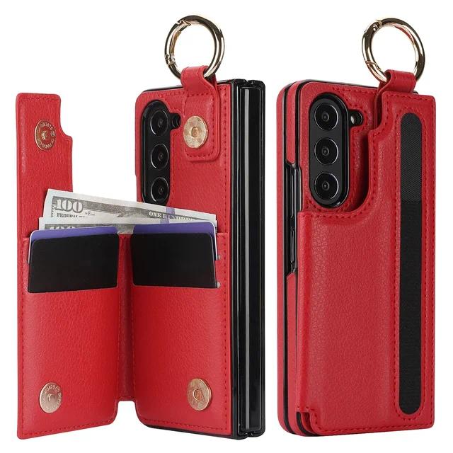 PU Leather Ring Phone Case for Samsung Galaxy Z Fold 6 5 4 3 Fold5 Fold4 Fold3 5G Wallet with Pen Holder & Card Slot (No Pen)
