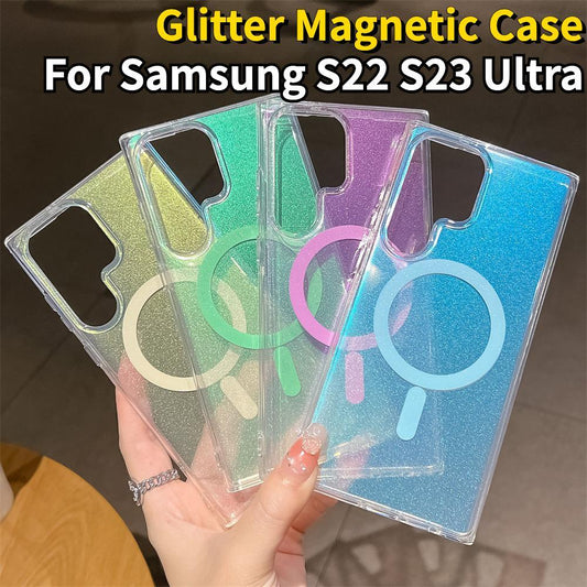 For Samsung S23 S22 Plus Ultra Case, Clear Laser Magnetic, Glitter Luxury Elegant Case Camera Protection Shockproof Hard Cover