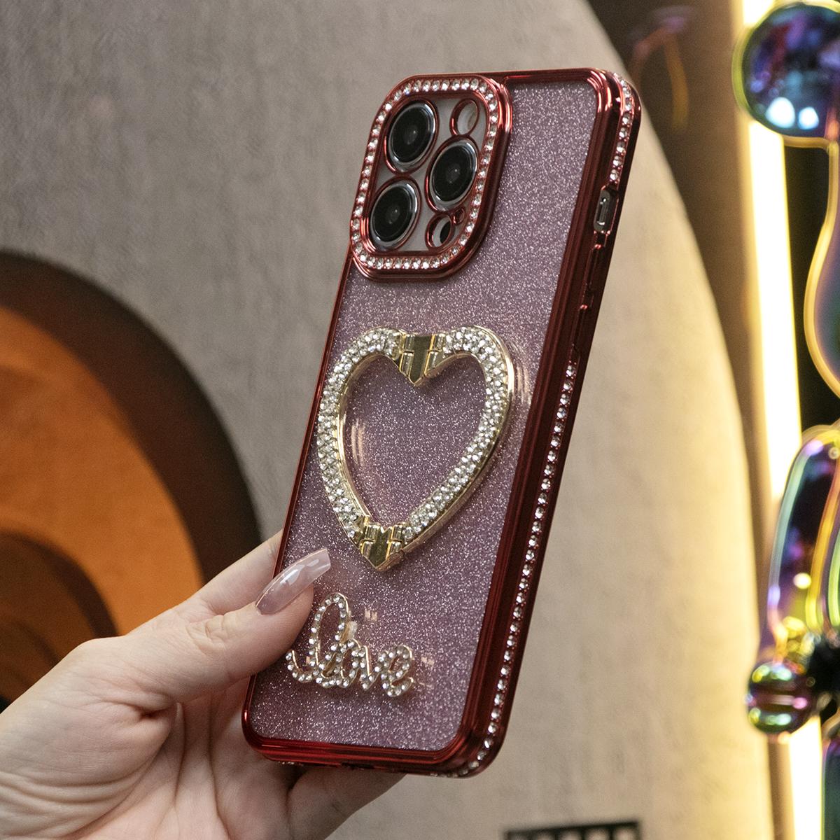 Glitter Diamond Crystal Love Heart Bracket Phone Case for iPhone 16 15 14 13 12 Pro Max