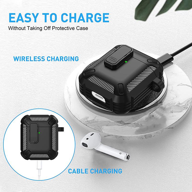 Switch Lock Earphone Case For Airpods Pro Luxury Carbon Fiber Armor Bluetooth Earphone Charging Box Cover For Airpods 2 3 2021