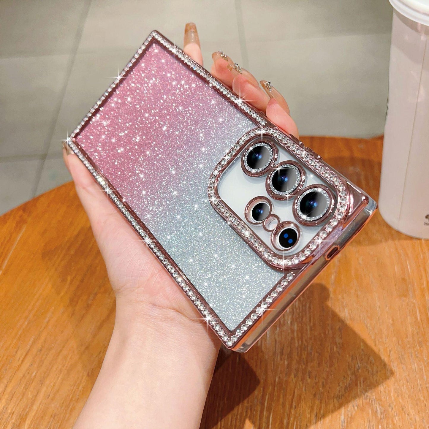 Glitter Rhinestone Clear TPU Square Phone Case with Len Protector For Samsung S25Ultra S25+ S24Ultra S24+ S24 Transparent Bumper Shockproof Soft Full Cover