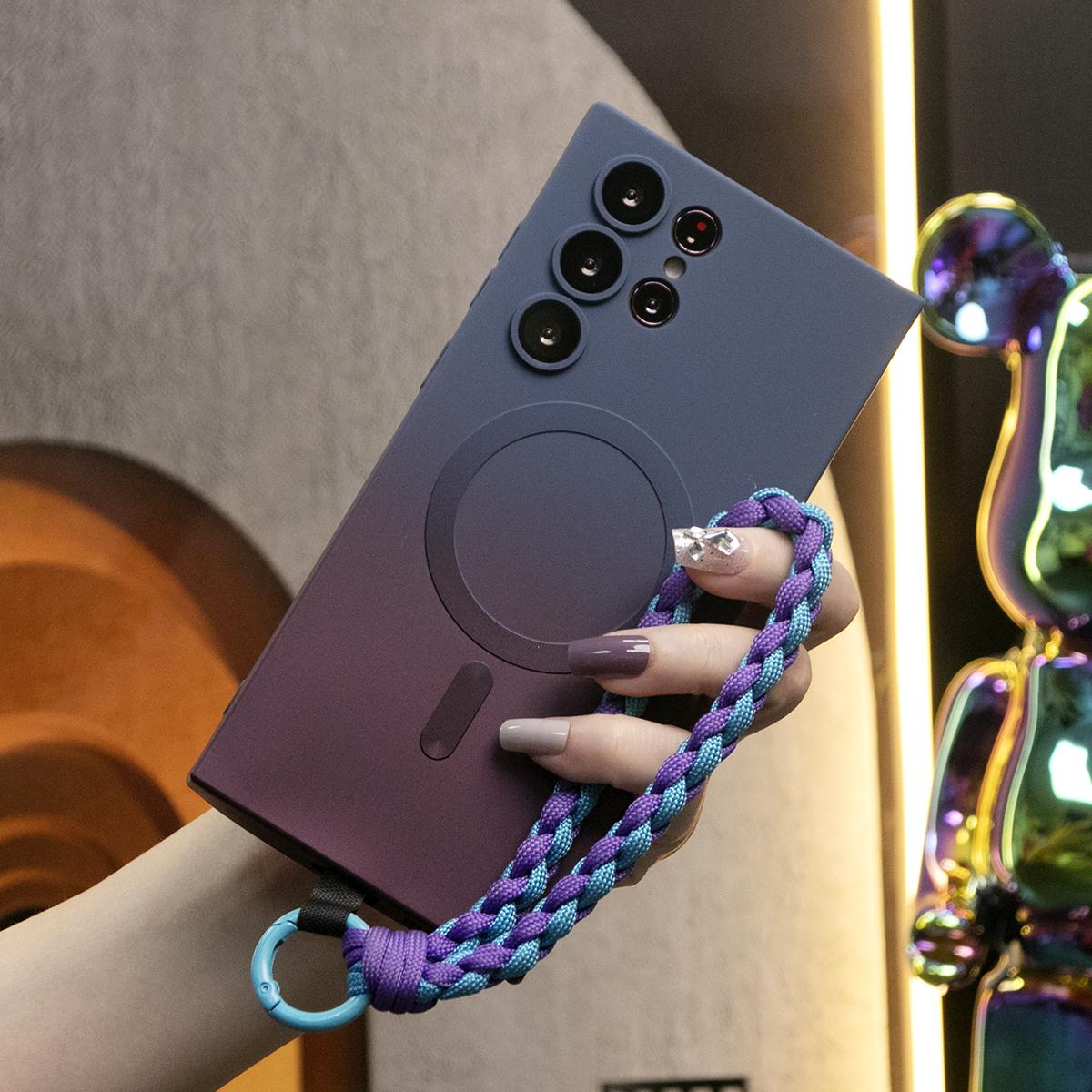 Gradient Color Magnetic Wireless Charge Matte Case with Woven Wristband For Samsung S25 S24 S23 S22 S21 Note20 Wireless Charging Soft Bumper Cover