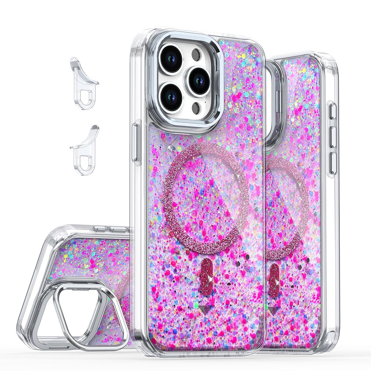 For Magsafe Magnetic Bling Sequins Glitter Case With Camera Lens Stand For iPhone 16 15 14 13 12 Plus Pro Max Wireless Charging Shiny Shockproof Cover