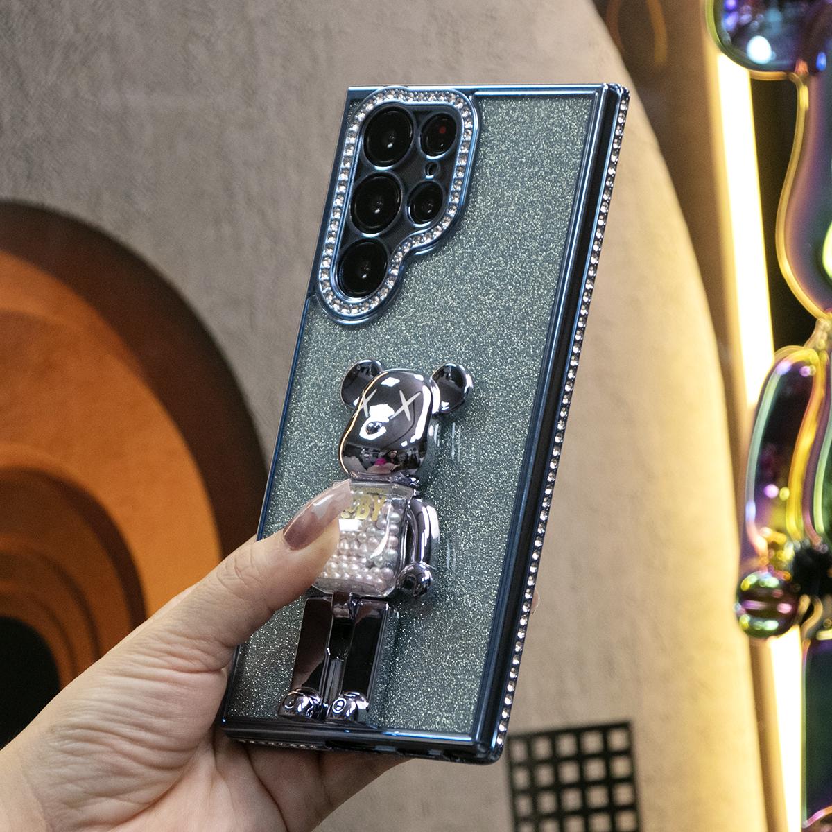 For Samsung S24 S23 S22 Plus Ultra Case, Clear Rhinestone Candy Bear Phone Holder, Glitter Luxury Elegant Plating Case Camera Protection Shockproof Soft Cover
