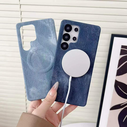 For Samsung S25Ultra S24Ultra S23Ultra Phone Case, Luxury Denim Style Slim Magnetic Matte Fabrics Emboss Pattern Len Protection Shockproof Hard Full Cover