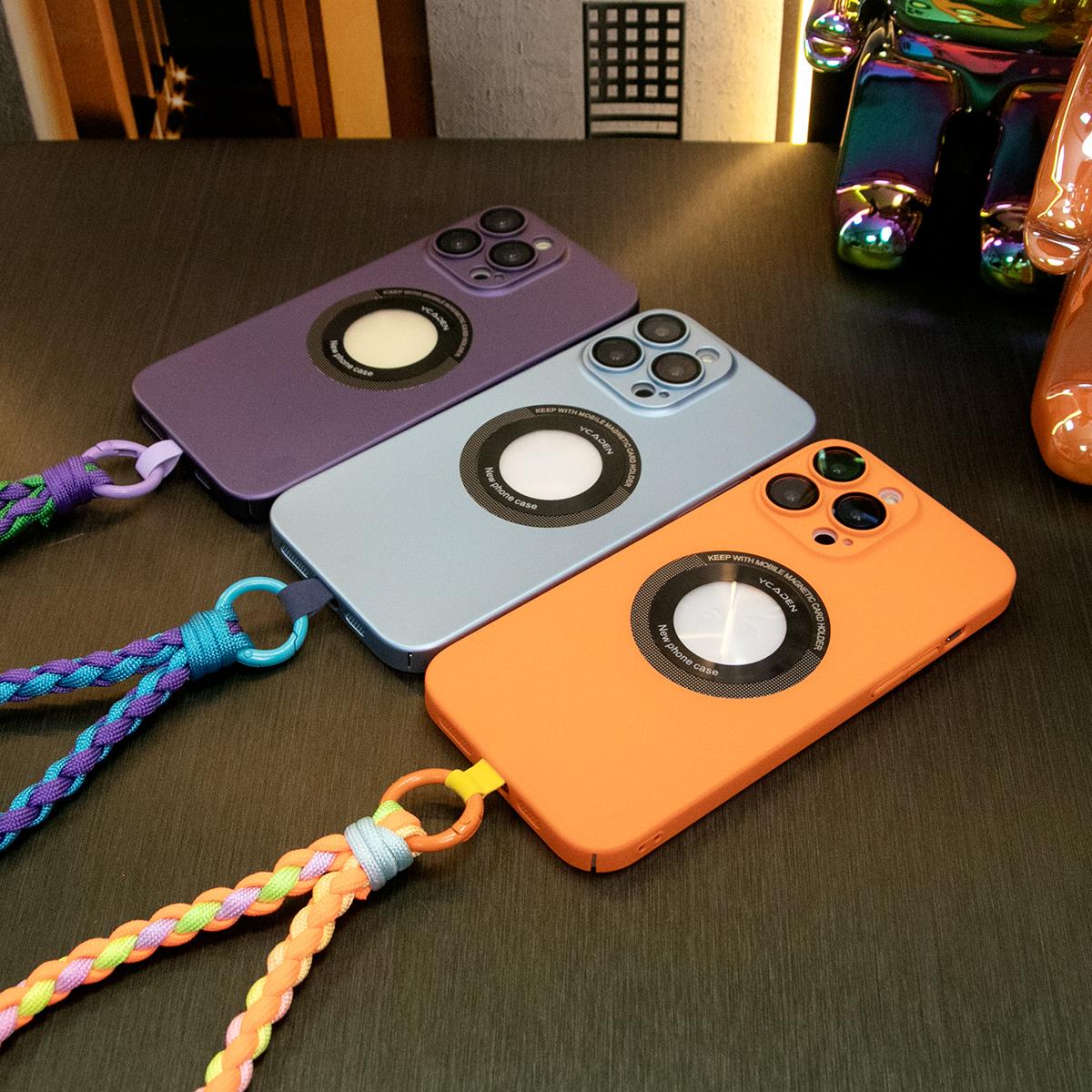 Magnetic Wireless Charging Camera Film Protector Logo Hole PC Hard PC Cover Phone Case With Woven Wristband for iPhone 15 14 13 12 Pro Max