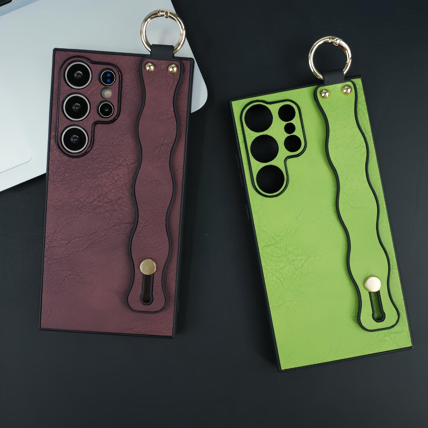For Samsung S25Ultra S25 S24 S23 S22 S21 Case With Wave Wristband, Matte Durable Faux Leather Kickstand Shockproof Phone Case