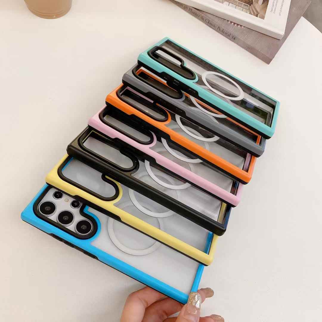 Two-tone Macaron Acrylic Transparent Magnetic Len Protection Phone Case For Samsung S25Ultra S25+ S25 S24Ultra S24+ S24, Hard Shockproof Full Cover