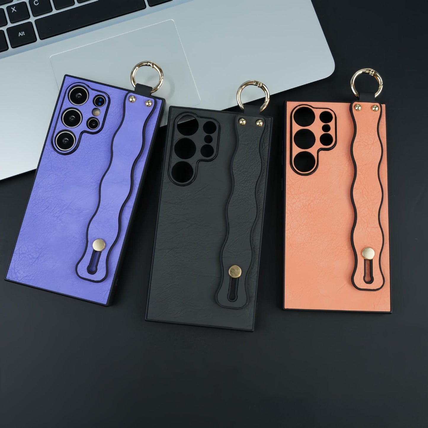 For Samsung S25Ultra S25 S24 S23 S22 S21 Case With Wave Wristband, Matte Durable Faux Leather Kickstand Shockproof Phone Case