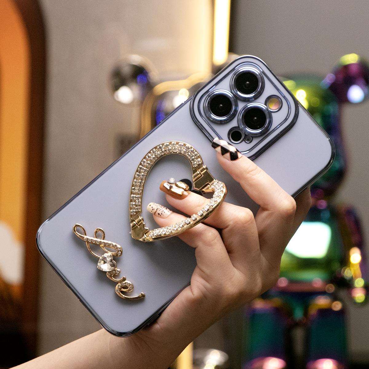 For iPhone 16ProMax 16 15 14 13 12 11 Pro Max, Luxury Rhinestone Love Heart Kickstand Holder Plating Soft Camera Protector Phone Case
