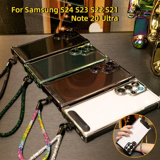 Electroplated Four Corners Anti-fall Transparent Hard PC Phone Case With Rhinestone Wristband For Samsung S24 Ultra S23FE S22 S22 Note20 Ultra , Full Cover with Camera Protector