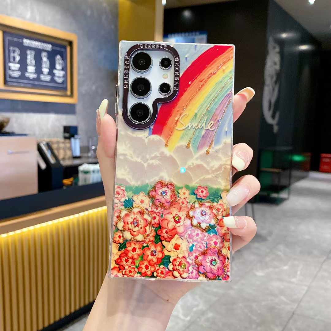 For Samsung S25 S24 S23 S22 A34 A35 A53 A54 A55 Note20Ultra Phone Case, Luxury Elegant Colorful Rainbow Whale Dolphin Flower Oil Painting Metal Camera Frame Anti-drop Hard Shockproof Full Cover