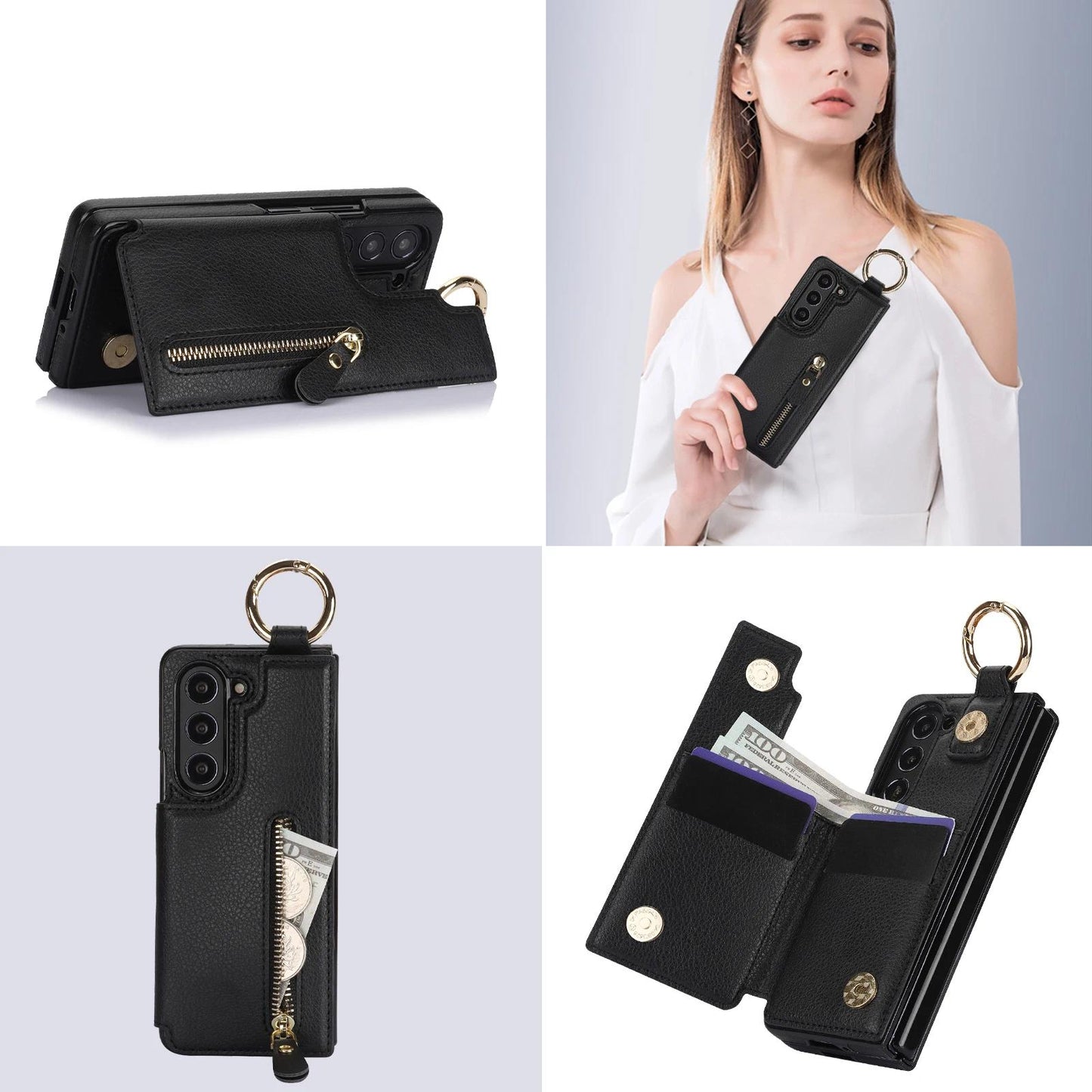 Folding Card Bag Finger Ring Leather Stand Case for Samsung Galaxy Z Fold 3 4 5 6 5G ZFold6 Zipper Wallet  Business ZFold5 Cover