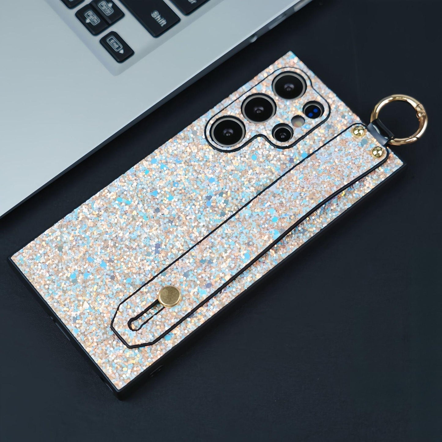 For Samsung S25Ultra S25 S24 S23 S22 S21 Case With Wristband, Glitter Durable Faux Kickstand Shockproof Hard Full Cover Phone Case