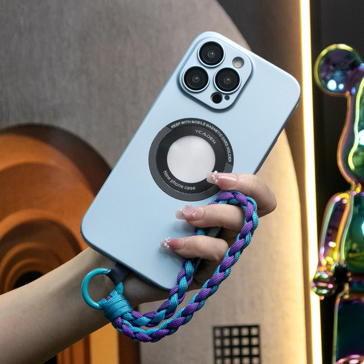 Magnetic Wireless Charging Camera Film Protector Logo Hole PC Hard PC Cover Phone Case With Woven Wristband for iPhone 15 14 13 12 Pro Max