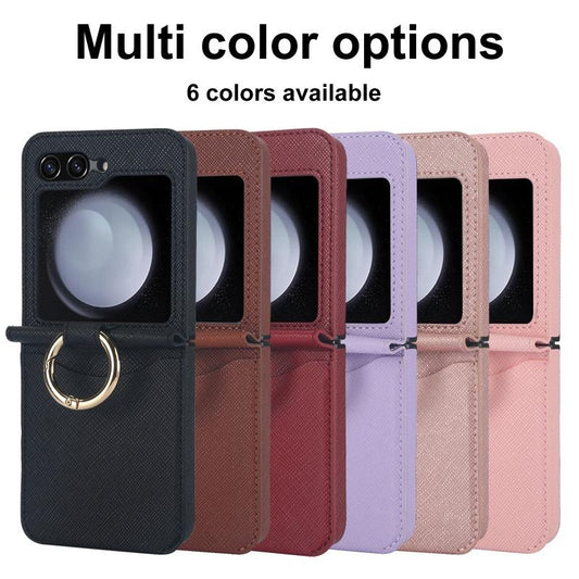 Cross Grain Leather Ring Phone Case for Samsung Galaxy Z Flip 6 5 4 3 Flip5 Flip4 Flip6 Wallet with Card Holder Shockproof Cover