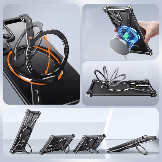 For Samsung S25Ultra S24Ultra S24+ S24 Aluminum Z Shape Phone Case with Metal 360 Rotating Kickstand, Anti-Fall for Magsafe Shockproof Frameless Support Wireless Charging Hard Full Cover