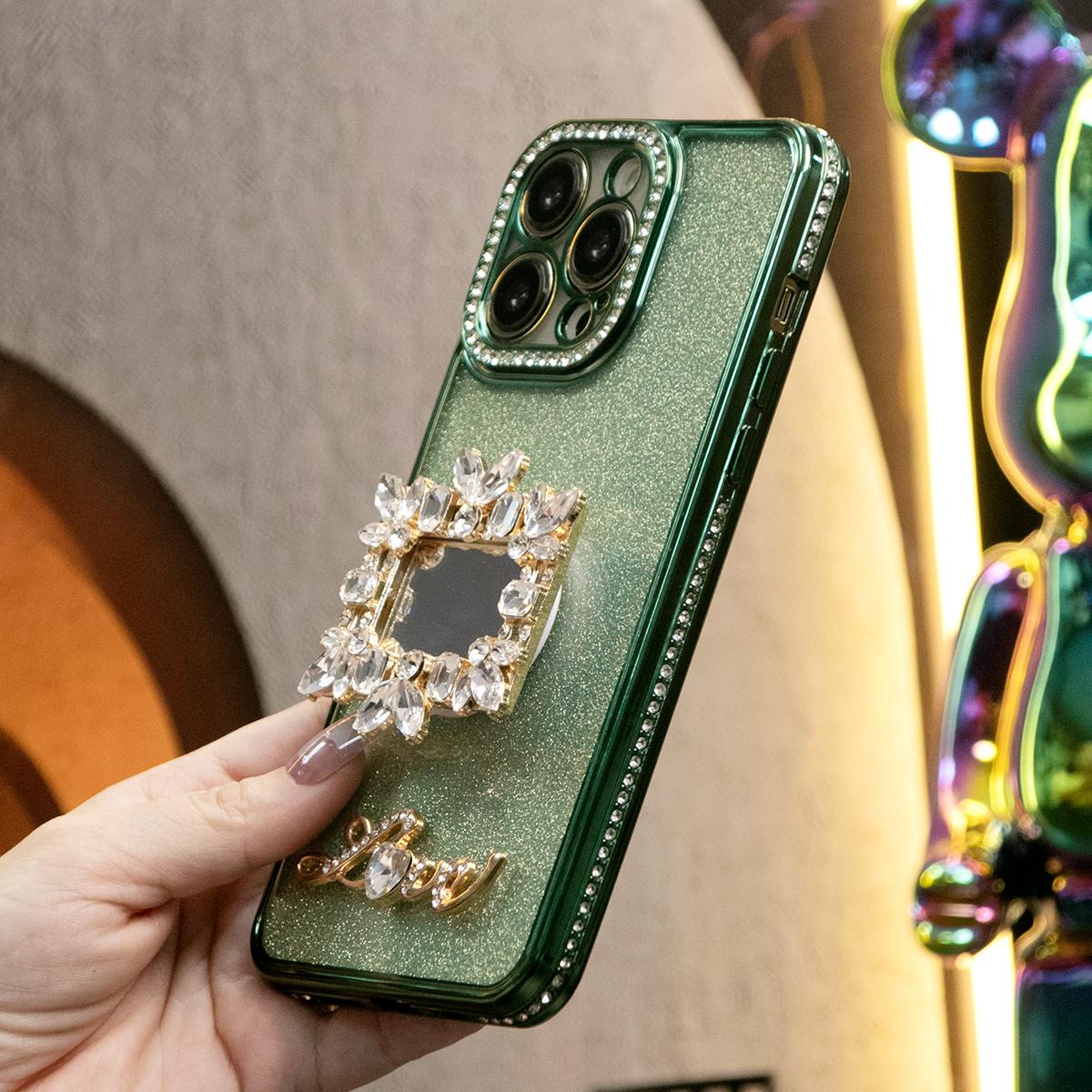 Plating Glitter Diamond Rhinestone Mirror Kickstand Love Phone Case For iPhone 16 15 14 13 12 11 Pro Max