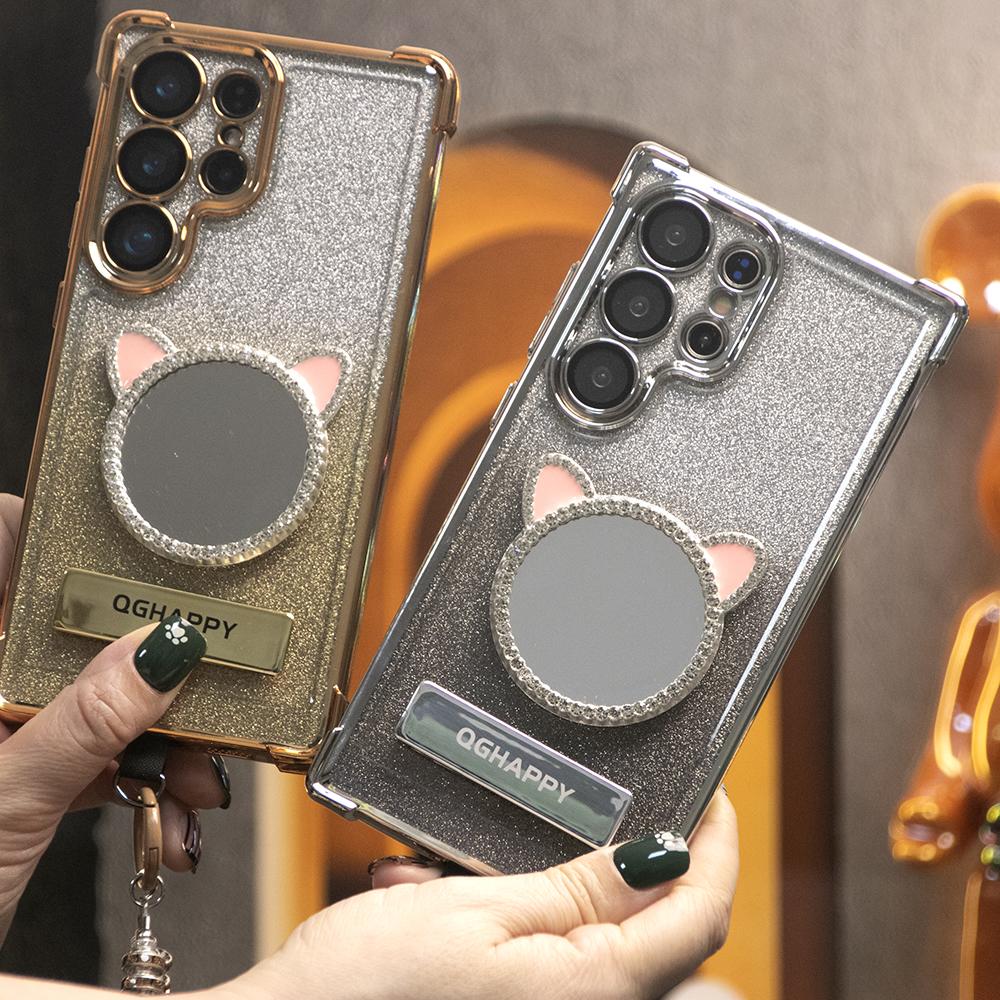 Gradient Plating Four Corners Cat Mirror Thin Kickstand Case with Pearl Diamond Wristband for Samsung S25Ultra S25 S24 S23 S22 S21 Note20 A53 A54 A55 Hard Acrylic Bumper Full Cover