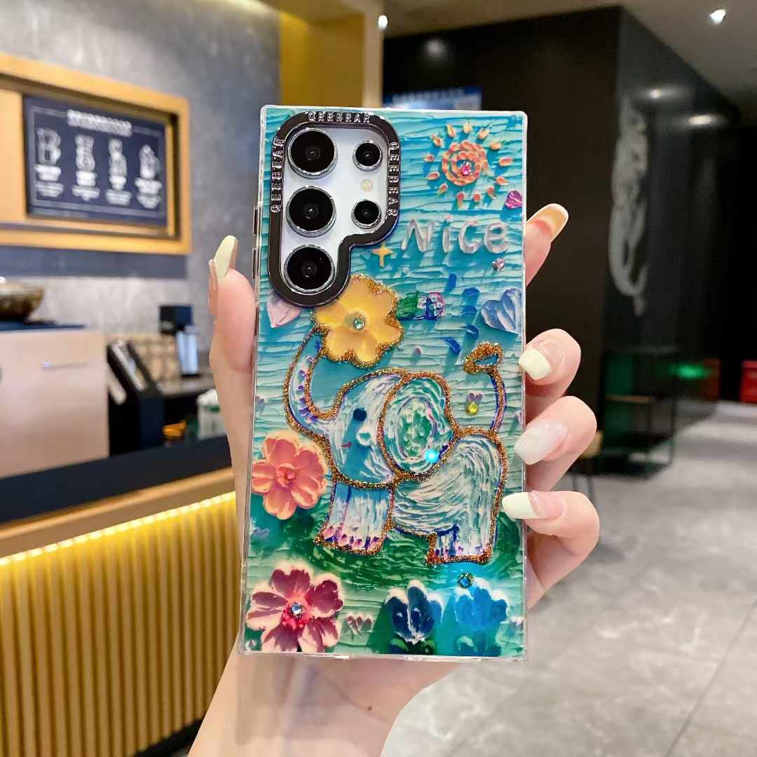 For Samsung S25 S24 S23 S22 A34 A35 A53 A54 A55 Note20Ultra Phone Case, Luxury Panda Leopard Rainbow Butterfly Elephant Oil Painting Metal Camera Frame Anti-drop Hard Shockproof Full Cover