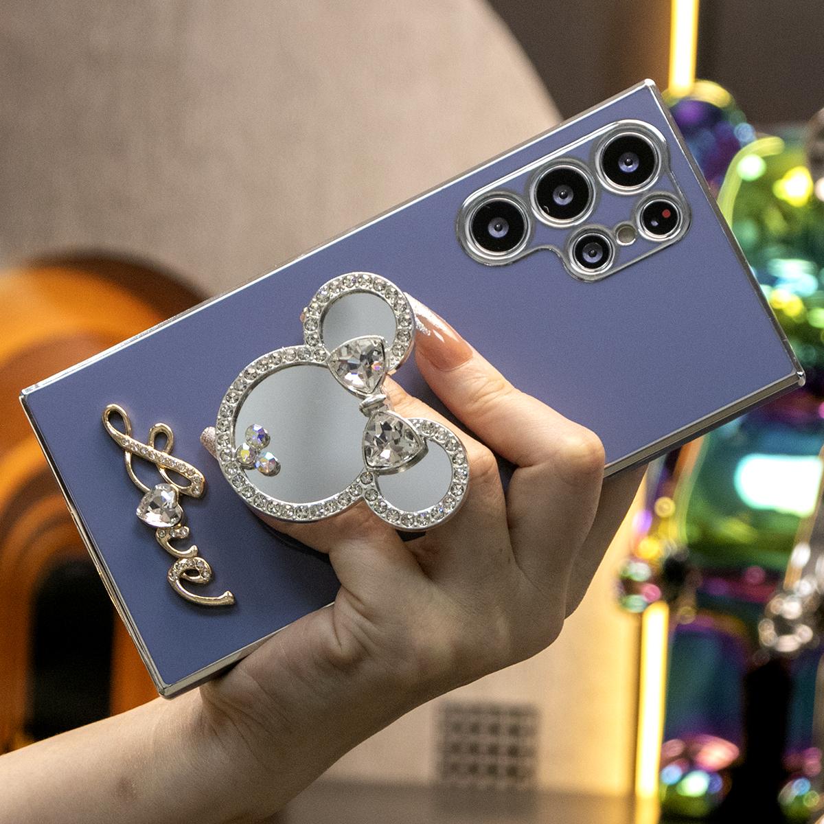 Mouse Head Mirror Kickstand Plating Phone Case For Samsung S24 S23 S22 S21 FE Plus Ultra Note 20