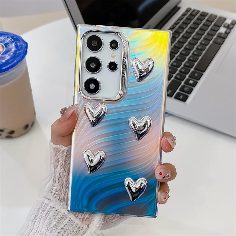 For Samsung S25 S24 S23 S22 A15 A25 A35 A54 A55 Phone Case, Electroplating Laser Love Heart Pattern Acrylic Slim, Camera Protection Non-Yellowing Hard Cover