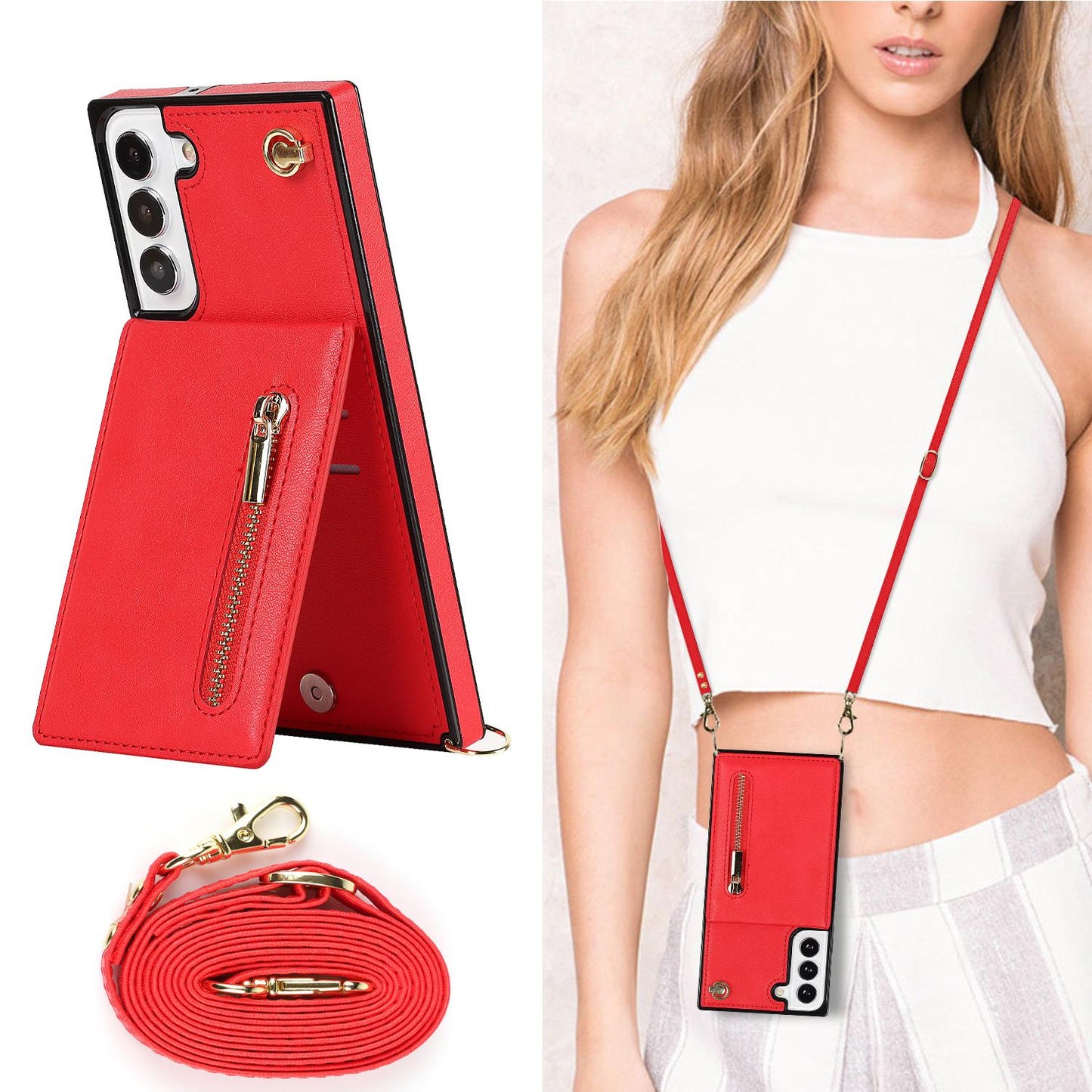 Crossbody Wallet Case Case For Samsung Galaxy S24 S23 S22 Plus Note 20 Ultra With Card Slot Holder, Magnetic Flip Folio Purse Case, PU Leather Zipper Handbag With Detachable Lanyard Strap