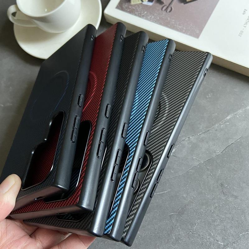 For Samsung S25Ultra S24 S23 S22 Note20 A15 A25 A35 A36 A55 A56 Phone Case, Antislip Carbon Fiber Matte Luxury Leather Strong Magnetic Slim Emboss Protection Shockproof Hard Full Cover