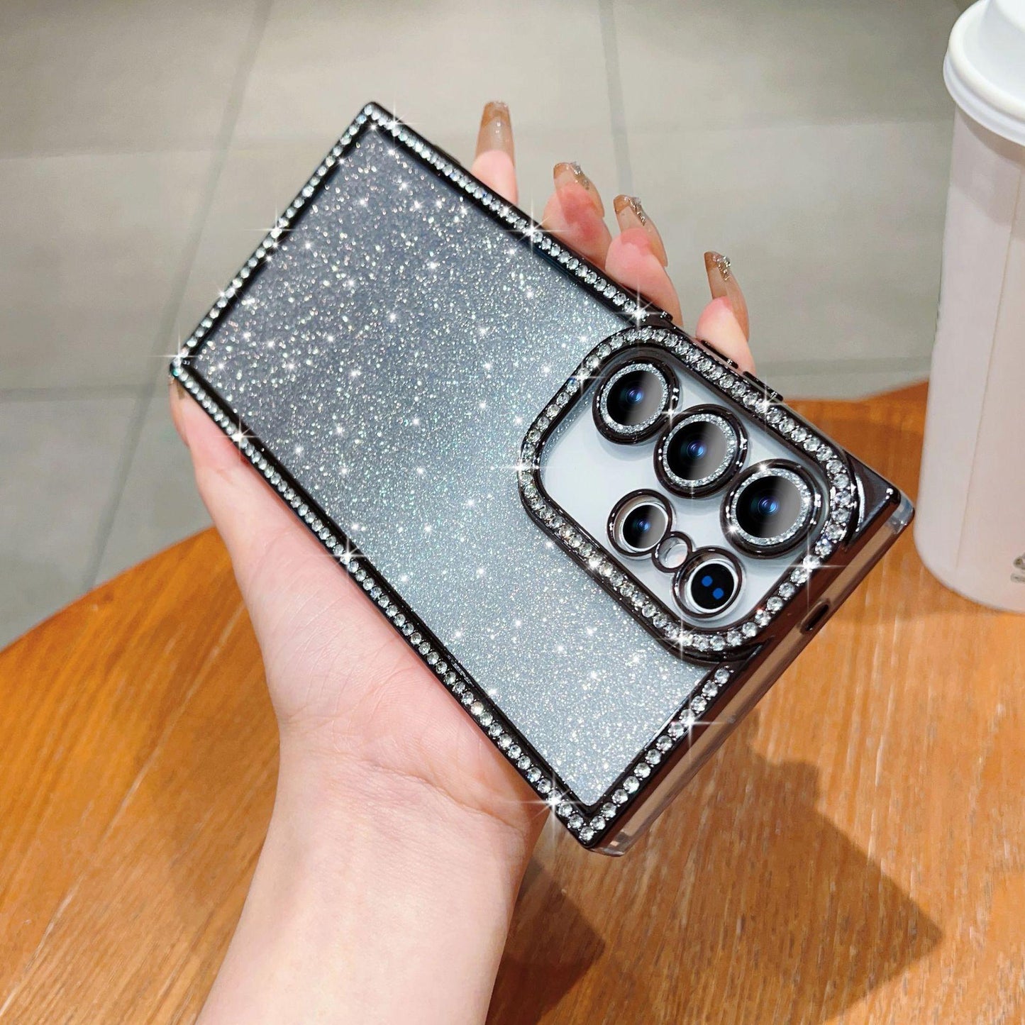 Glitter Rhinestone Clear TPU Square Phone Case with Len Protector For Samsung S25Ultra S25+ S24Ultra S24+ S24 Transparent Bumper Shockproof Soft Full Cover