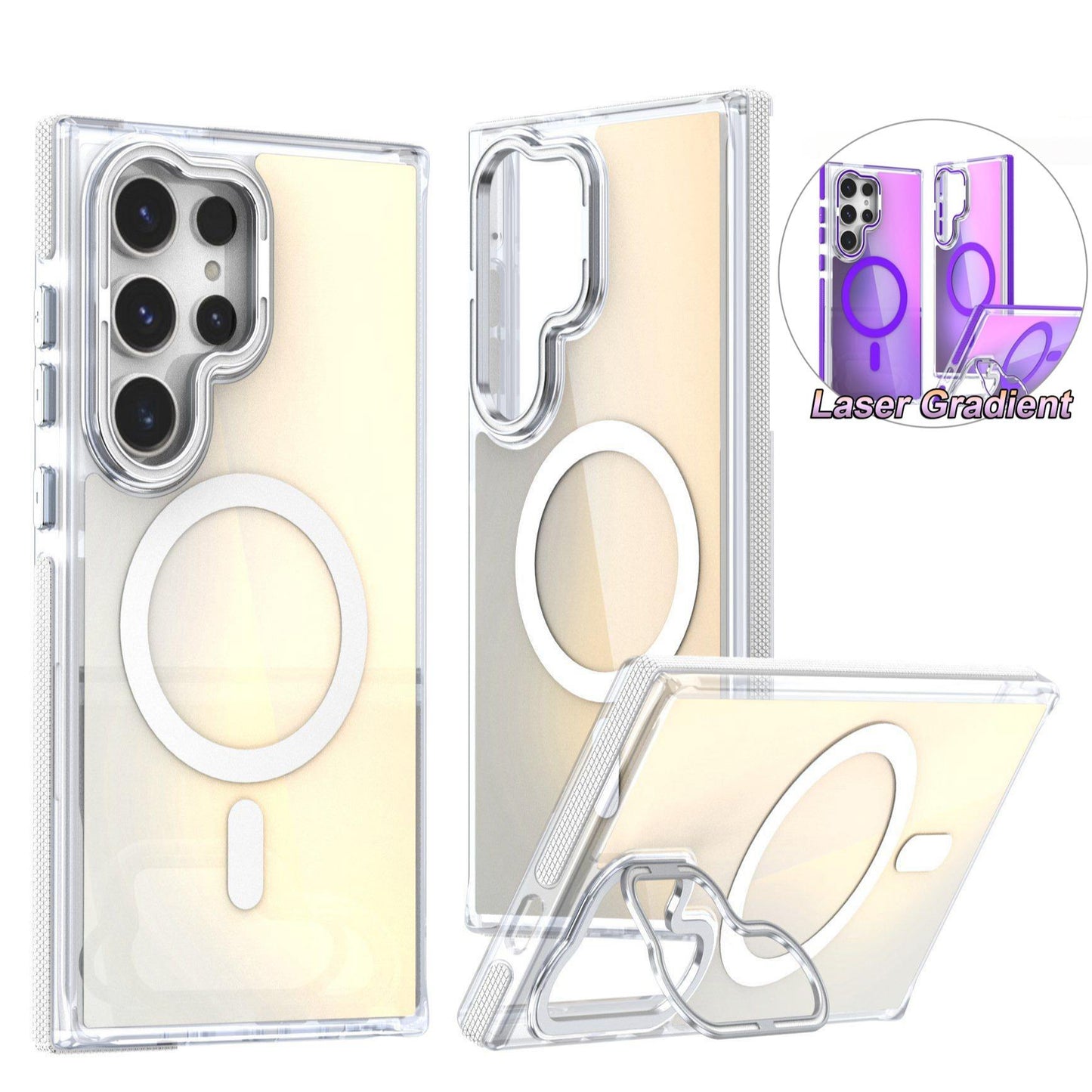 Laser Gradient Chameleon Camera Kickstand Strong Magnetic Wireless Charging Phone Case For Samsung S25Ultra S25 S24 S23 S22 Metal Frame Acrylic Shockproof Hard Cover