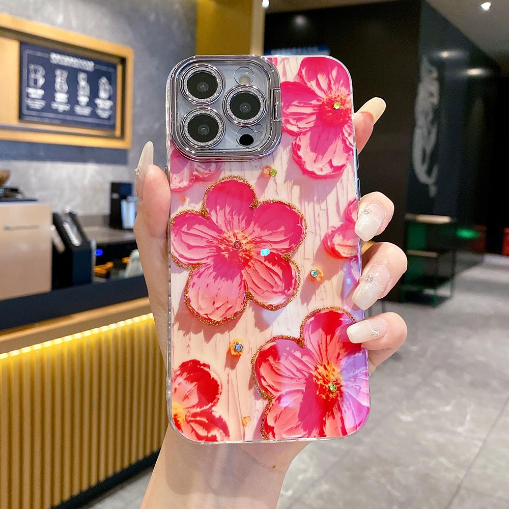 For iPhone 16ProMax 16 15 14 13 12 11 Phone Case with Diamond Camera Kickstand, Rainbow Flower Rose Butterfly, Oil Painting Camera Frame Anti-drop Hard Shockproof Full Cover