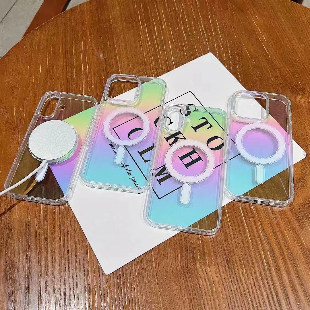 For iPhone 16 15 14 13 12 11 Pro Max Phone Case, Clear Laser Colorful Magnetic, Glitter Luxury Acrylic Elegant Case Camera Protection Shockproof for Magsafe Hard Full Cover