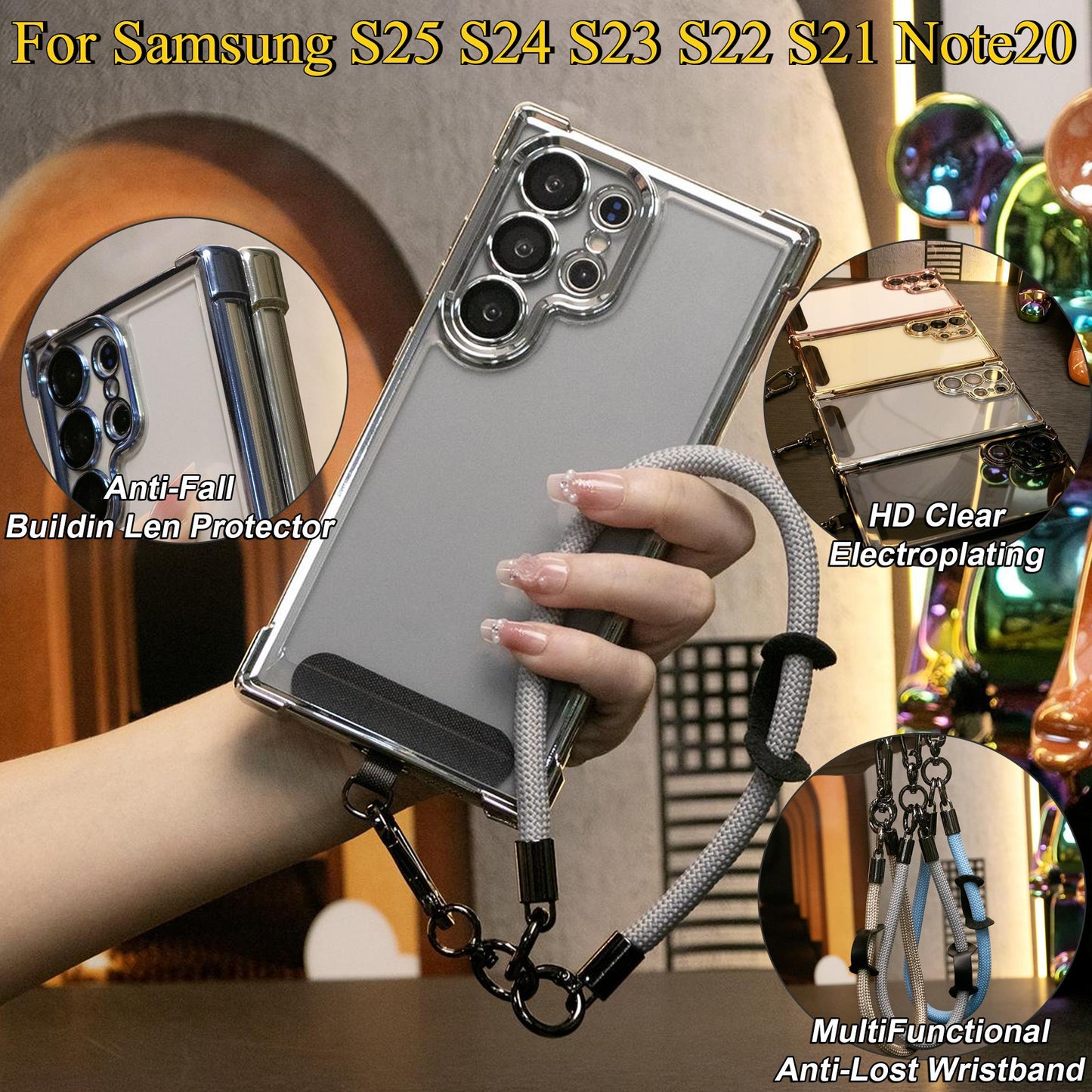 Electroplated Four Corners Anti-fall Transparent Hard PC Phone Case With Multifunctional Wristband For Samsung S25Ultra S25 S24FE S24Ultra S24 S22 S21 Note20, Full Cover with Camera Protector