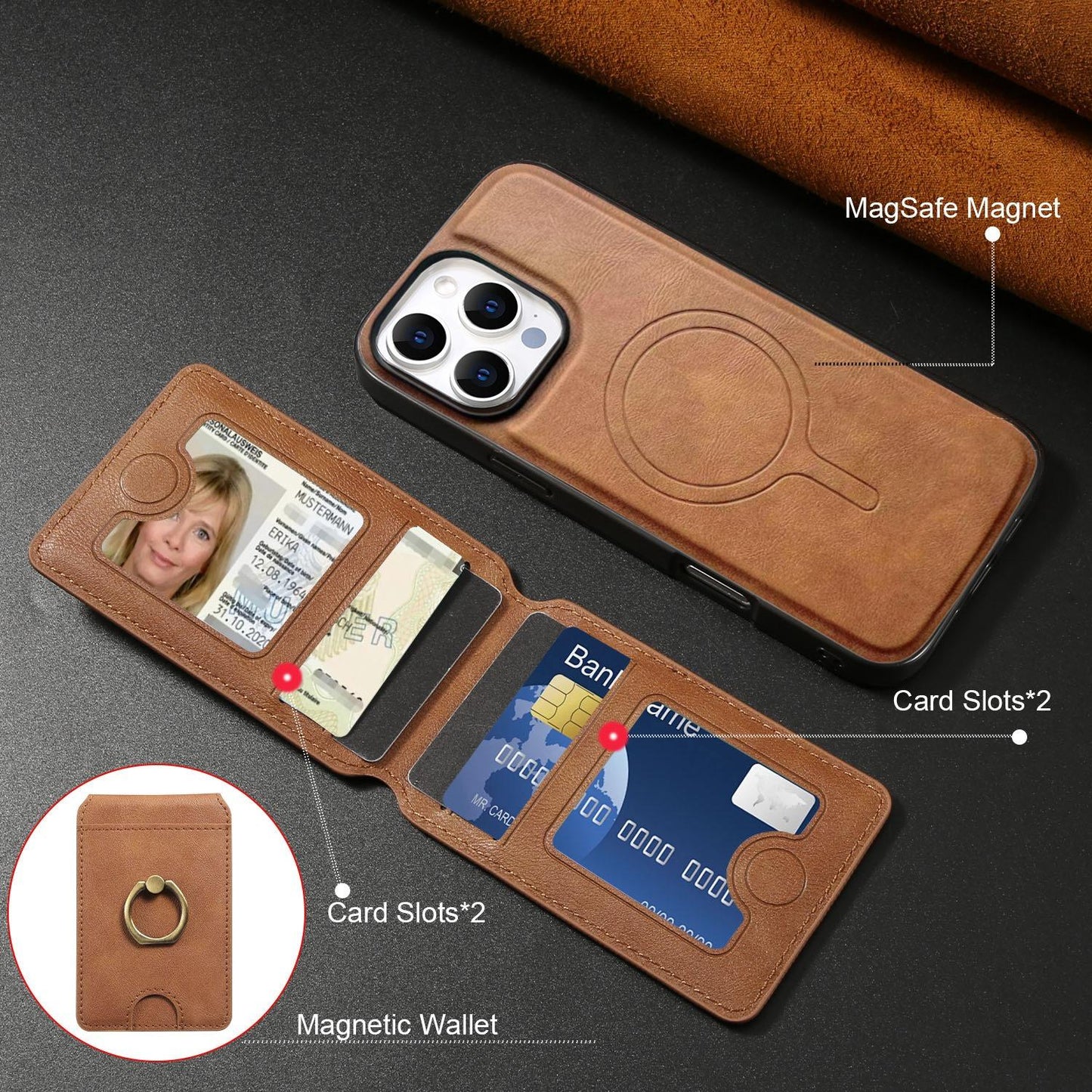 For iPhone 16ProMax 16 15 14 13 12 Leather Phone Case with Strong Magnetic Wallet Ring Stand, Anti-Fall Card Bag Kickstand for Magsafe Shockproof Business Hard Full Cover