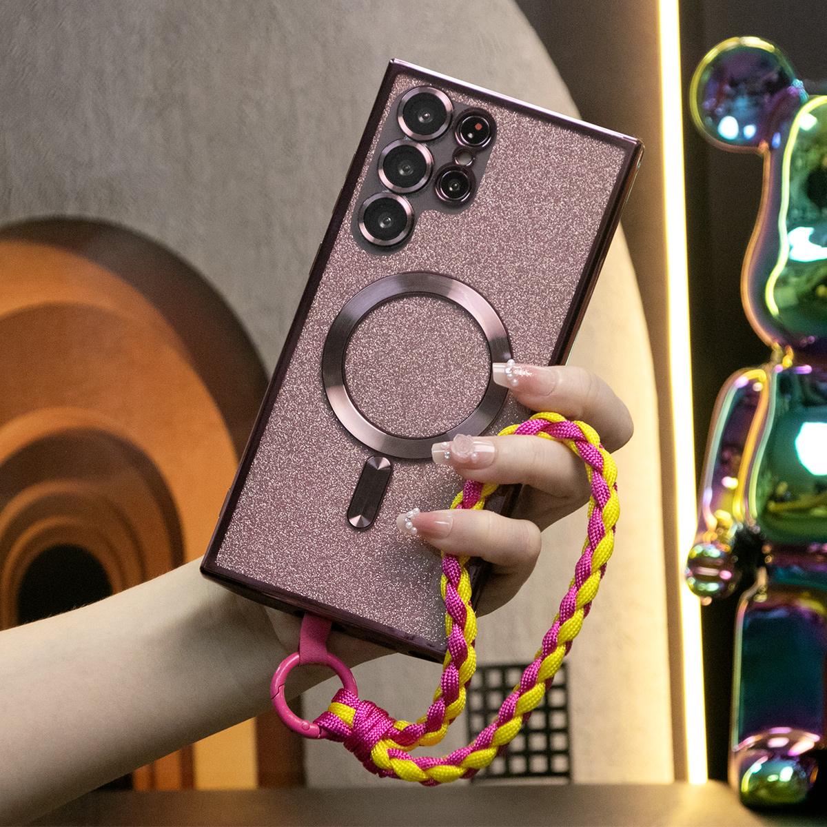 Luxury Glitter Magnetic Wireless Charge Transparent Soft Phone Case With Woven Wristband For Samsung S24 S23 S22 S21 Note20 Plus FE Ultra  With HD Camera Protection Slim Thin Cover Non-Yellowing