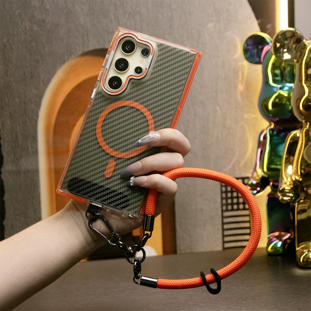Magnetic Carbon Fiber Pattern Phone Case, Metal Hardware Camera Lens Stand Acrylic Cover, With Multifunctional Climbing Rope, Anti-Fall Bumper For Samsung S24 S23 S21 Ultra FE A14 A15 A24 A25 A35 A54 A55 A05