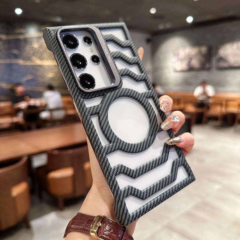 For Samsung S24Ultra S24Plus S24 Phone Case with Metal Camera Kickstand, Hollow Out Carbon Fiber Matte Cooling Magnetic PC Frameless Ultra Slim, Protection Soft Cover
