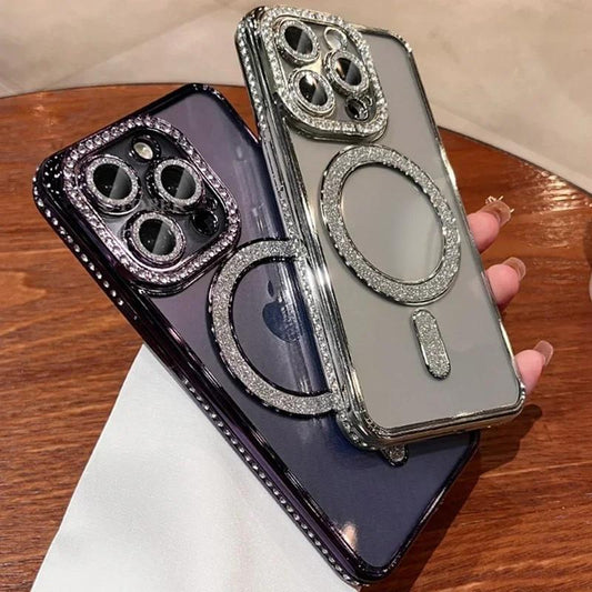 Glitter Rhinestone Transparent Magnetic Case For iPhone 16 15 14 13 12 11 Pro Max Wireless Charging Diamond Bumper Cover