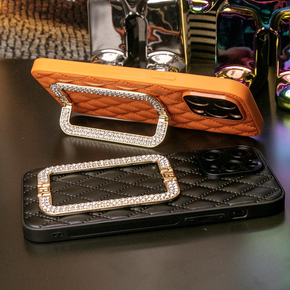 3D Crystal Square Holder Lattice Leather Phone Case for iPhone 16 15 14 13 12 Pro Max