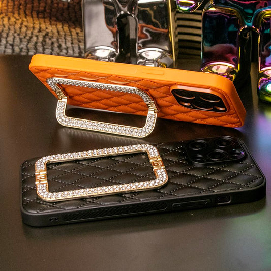 3D Crystal Square Holder Lattice Leather Phone Case for iPhone 16 15 14 13 12 Pro Max