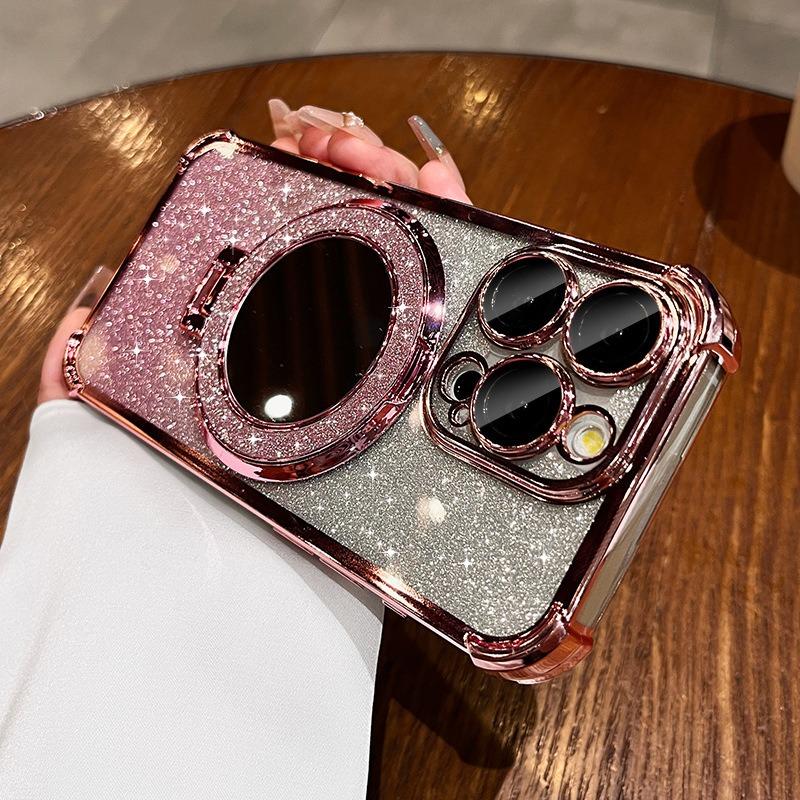 Glitter Gradient Plating Acrylic with Len Protector Phone Case with Mirror Kickstand For iPhone 16ProMax 15 14 13 12 Four Corner Shockproof Hard Full Cover