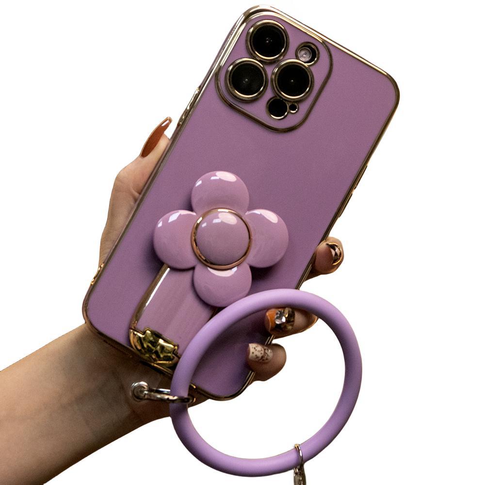 For iPhone 16 15 14 13 12 Pro Max Phone Case, Windmill Kickstand with Bracelet, Plating Electroplate Luxury Elegant Case Camera Protector Pop Stand Shockproof Soft Cover
