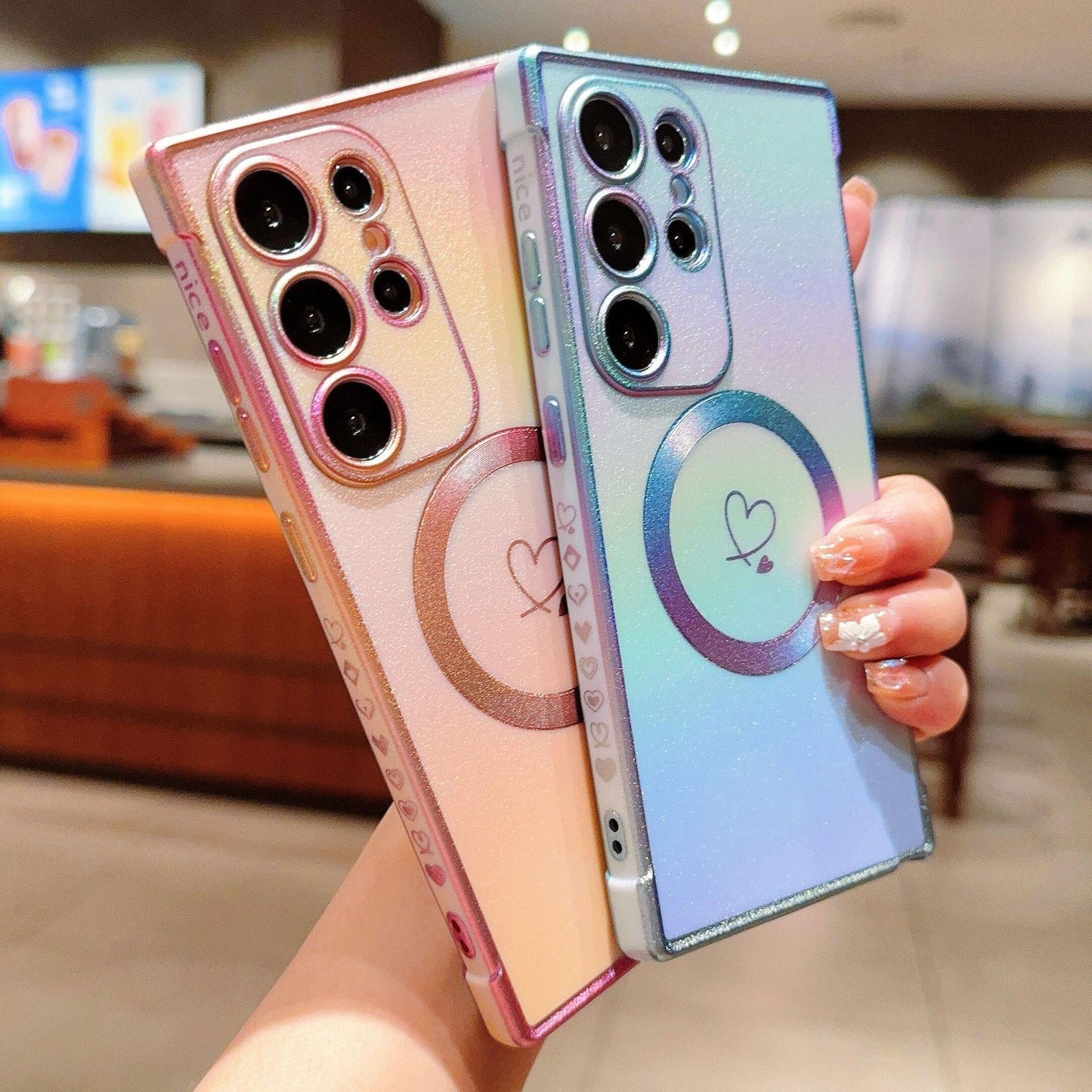 Matte Colorful Gradient Plating Love Heart TPU Strong Magnetic Phone Case For Samsung S25Ultra S24 S23 S22 S21 Shockproof Soft Full Cover