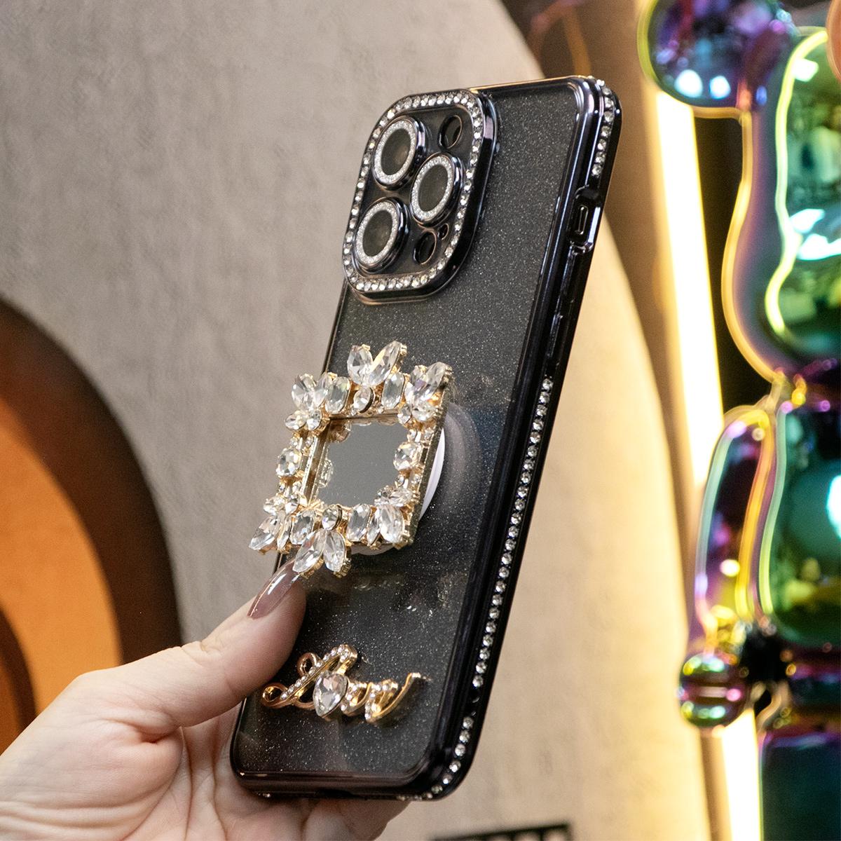 Plating Glitter Diamond Rhinestone Mirror Kickstand Love Phone Case For iPhone 16 15 14 13 12 11 Pro Max